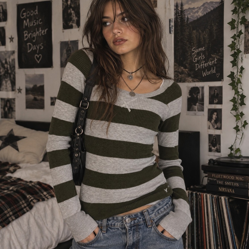 American Eagle Womens Striped Waffle Knit Top Sz M Y2K Indie Sleaze Grunge Bella